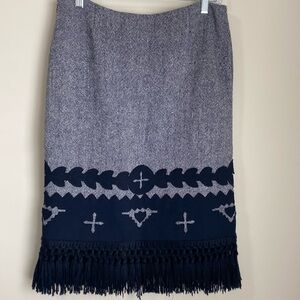 Tory Burch navy blue wool blend fringe skirt size 8